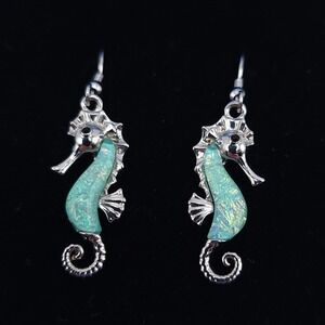 Praymos Seahorse Dangle Earrings Aqua Enamel Silver Tone Nautical Drop Pair